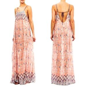 HEM & THREAD Boho Gypsy Floral Border Print Cami Maxi Dress size M open back